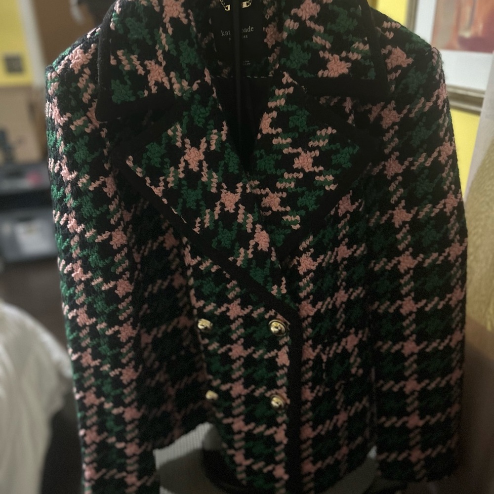Kate Spade Stylish Pink and Green Houndstooth Women's Jacket